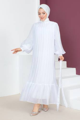Piliseli Janjan Şifon Elbise TSD230631 Beyaz - 3