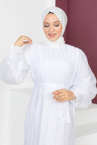 Piliseli Janjan Şifon Elbise TSD230631 Beyaz - 2