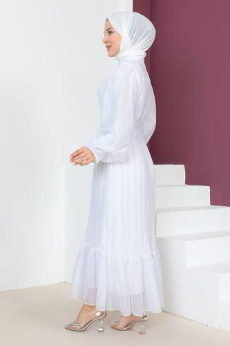 Piliseli Janjan Şifon Elbise TSD230631 Beyaz - 5