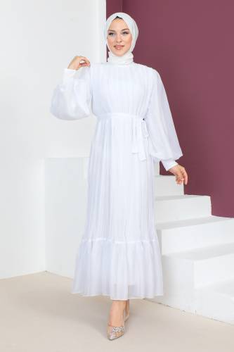 Piliseli Janjan Şifon Elbise TSD230631 Beyaz 