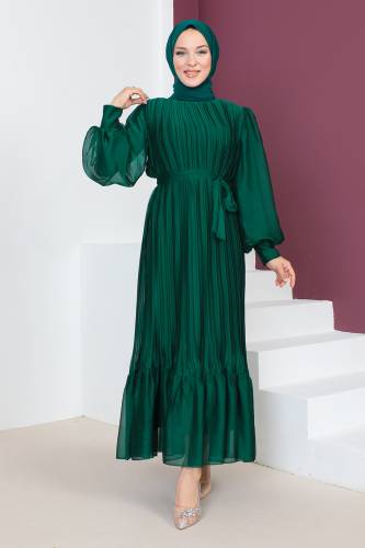 Piliseli Janjan Şifon Elbise TSD230631 Zümrüt Yeşili - 1