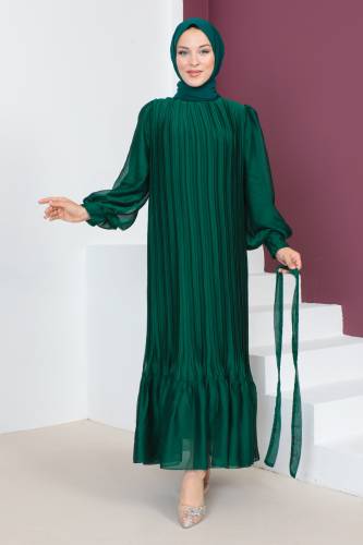 Piliseli Janjan Şifon Elbise TSD230631 Zümrüt Yeşili - 3