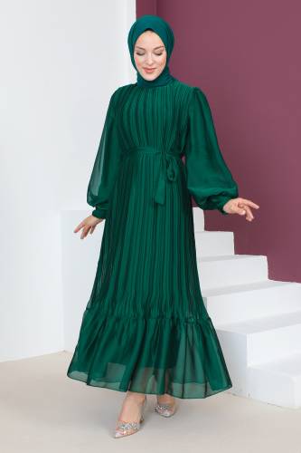 Piliseli Janjan Şifon Elbise TSD230631 Zümrüt Yeşili - 4