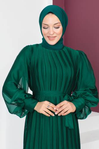 Piliseli Janjan Şifon Elbise TSD230631 Zümrüt Yeşili - 2