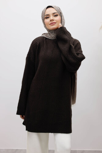Kabartma Desen Triko Tunik TSD260110 Acı Kahve - Tesettür Dünyası (1)