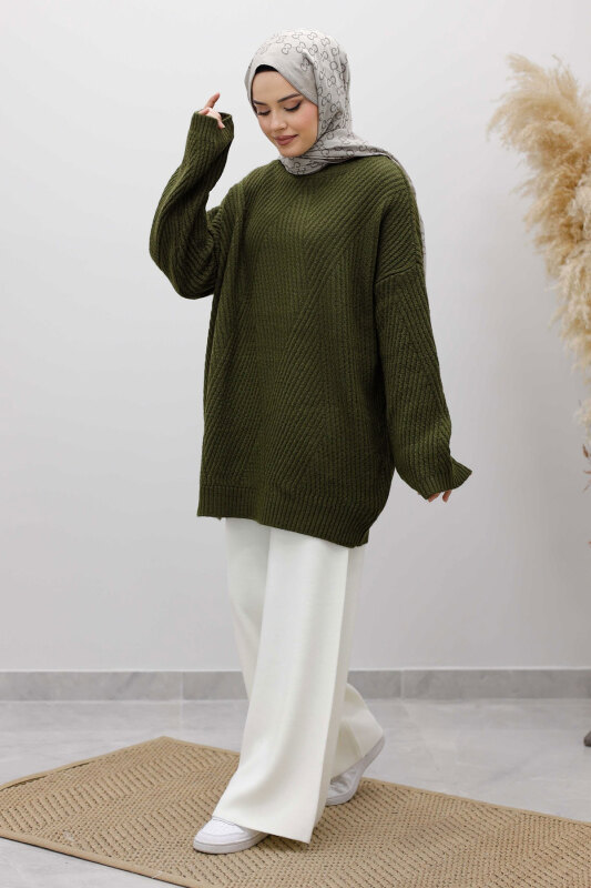 Kabartma Desen Triko Tunik TSD260110 Haki - Tesettür Dünyası