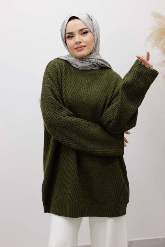 Kabartma Desen Triko Tunik TSD260110 Haki - Tesettür Dünyası (1)