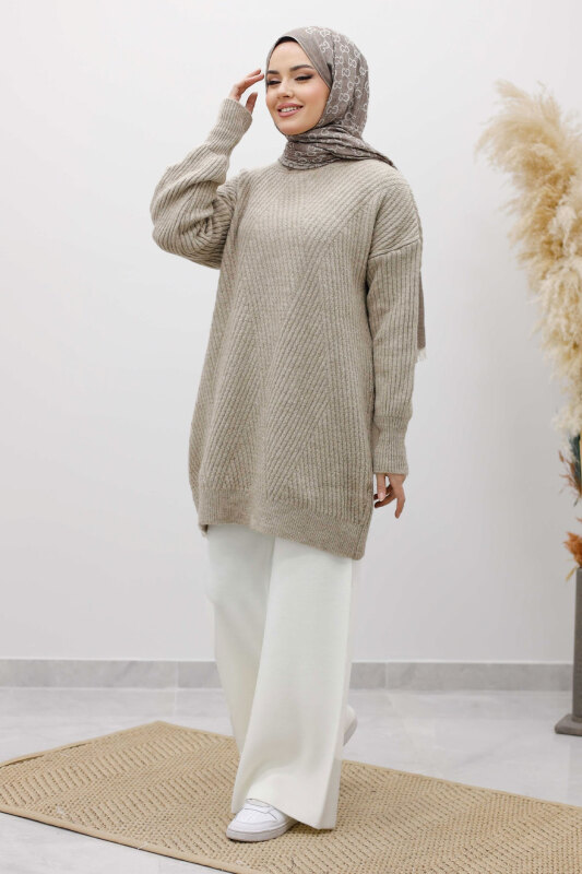 Kabartma Desen Triko Tunik TSD260110 Vizon - Tesettür Dünyası