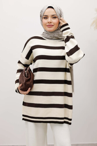 Kalın Çizgi Detaylı Triko Tunik TSD260113 Acı Kahve - Tesettür Dünyası (1)