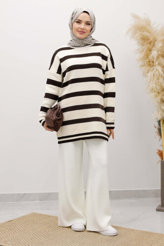 Kalın Çizgi Detaylı Triko Tunik TSD260113 Acı Kahve - 3