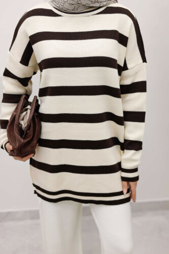 Kalın Çizgi Detaylı Triko Tunik TSD260113 Acı Kahve - 4