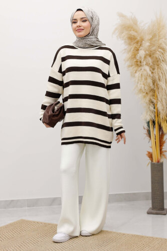 Kalın Çizgi Detaylı Triko Tunik TSD260113 Acı Kahve - 5