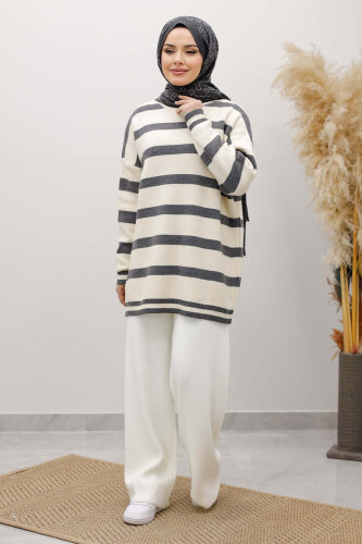 Kalın Çizgi Detaylı Triko Tunik TSD260113 Füme - Tesettür Dünyası