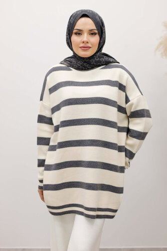 Kalın Çizgi Detaylı Triko Tunik TSD260113 Füme - Tesettür Dünyası (1)