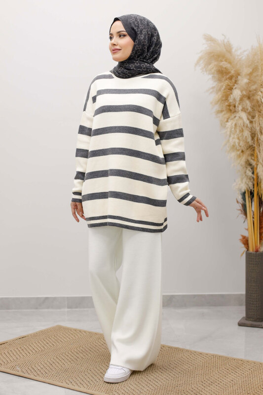 Kalın Çizgi Detaylı Triko Tunik TSD260113 Füme - 3