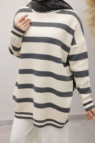 Kalın Çizgi Detaylı Triko Tunik TSD260113 Füme - 4