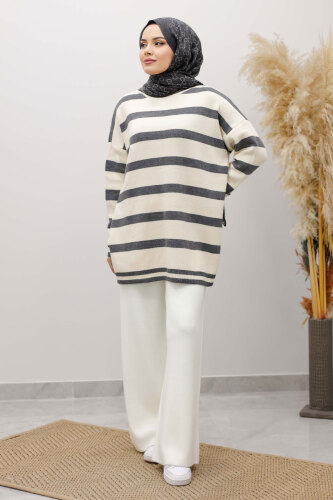 Kalın Çizgi Detaylı Triko Tunik TSD260113 Füme - 5