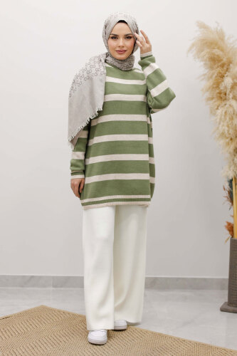 Kalın Çizgi Detaylı Triko Tunik TSD260113 Mint Yeşili - Tesettür Dünyası