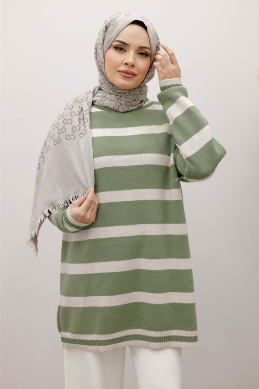 Kalın Çizgi Detaylı Triko Tunik TSD260113 Mint Yeşili - Tesettür Dünyası (1)