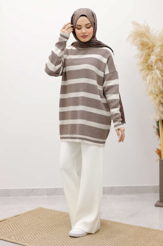 Kalın Çizgi Detaylı Triko Tunik TSD260113 Vizon - Tesettür Dünyası