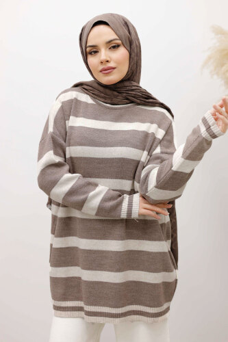 Kalın Çizgi Detaylı Triko Tunik TSD260113 Vizon - Tesettür Dünyası (1)