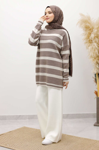 Kalın Çizgi Detaylı Triko Tunik TSD260113 Vizon - 3