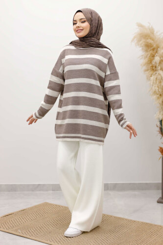 Kalın Çizgi Detaylı Triko Tunik TSD260113 Vizon - 5