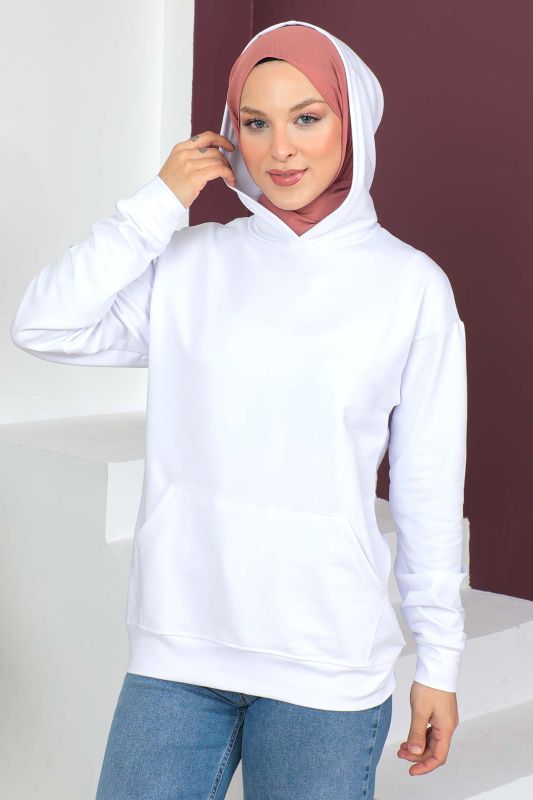 Kapşonlu Kısa Sweatshirt TSD230427 Beyaz - 1