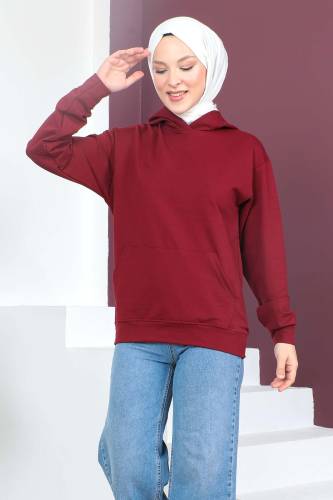 Kapşonlu Kısa Sweatshirt TSD230427 Bordo 