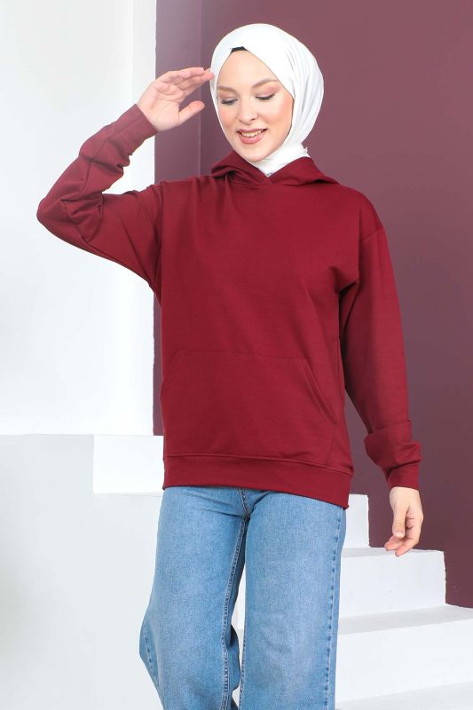 Kapşonlu Kısa Sweatshirt TSD230427 Bordo - 1