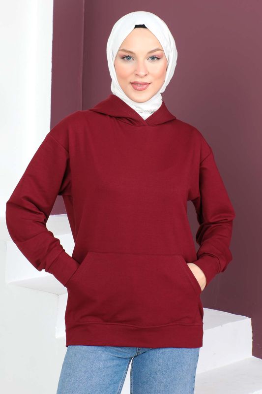 Kapşonlu Kısa Sweatshirt TSD230427 Bordo - 2