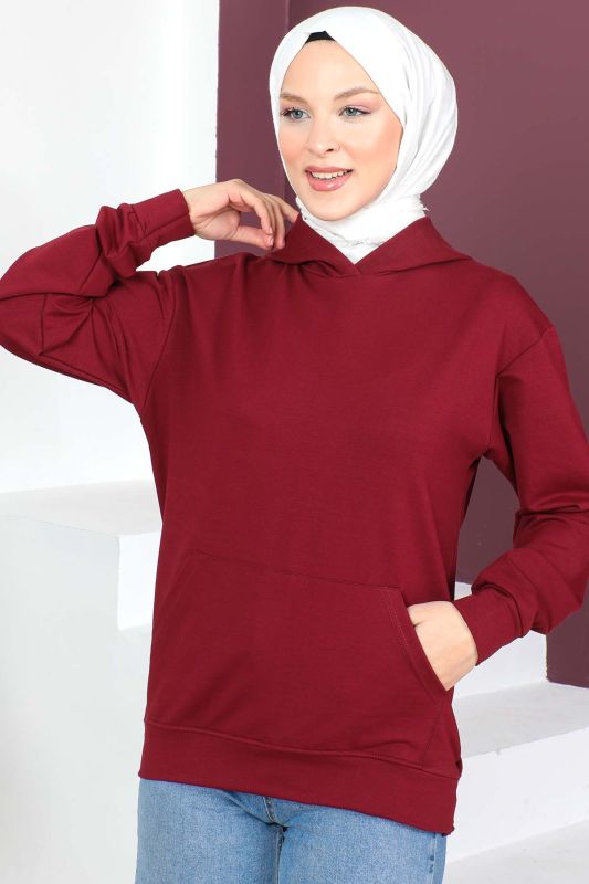 Kapşonlu Kısa Sweatshirt TSD230427 Bordo - 3