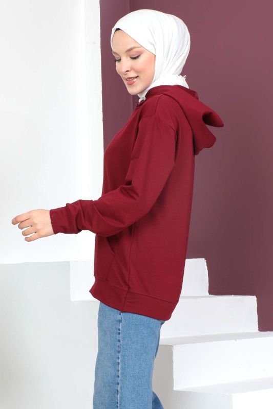 Kapşonlu Kısa Sweatshirt TSD230427 Bordo - 4