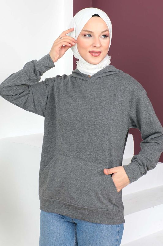 Kapşonlu Kısa Sweatshirt TSD230427 Füme - 1