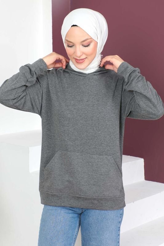 Kapşonlu Kısa Sweatshirt TSD230427 Füme - 3