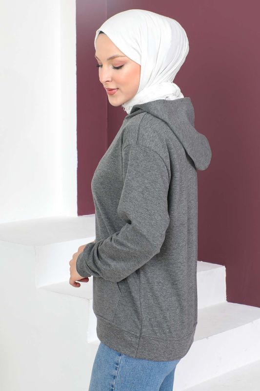 Kapşonlu Kısa Sweatshirt TSD230427 Füme - 4