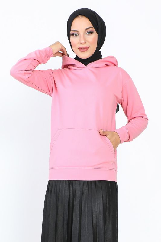 Kapşonlu Kısa Sweatshirt TSD230427 Gül Kurusu - 1