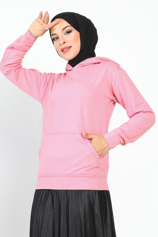 Kapşonlu Kısa Sweatshirt TSD230427 Gül Kurusu - 3