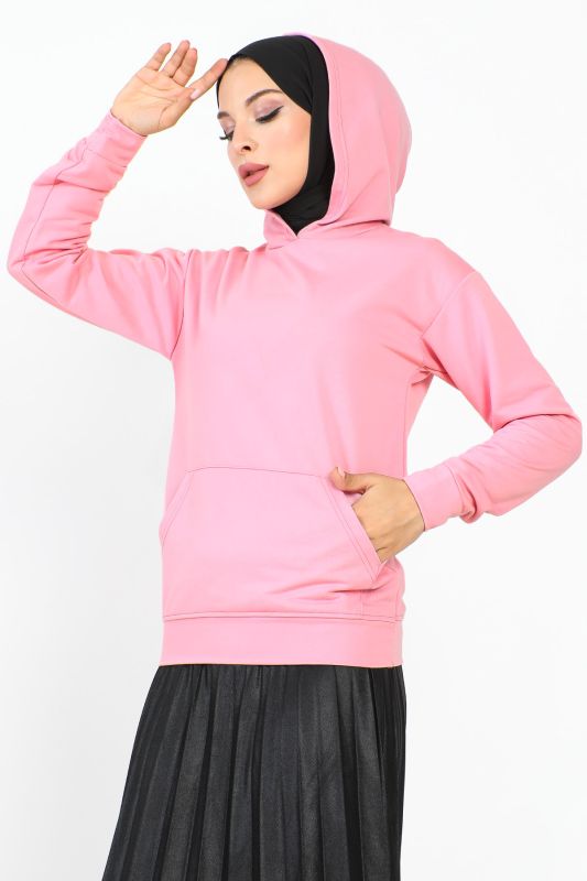 Kapşonlu Kısa Sweatshirt TSD230427 Gül Kurusu - 4