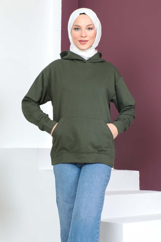 Kapşonlu Kısa Sweatshirt TSD230427 Haki - 1