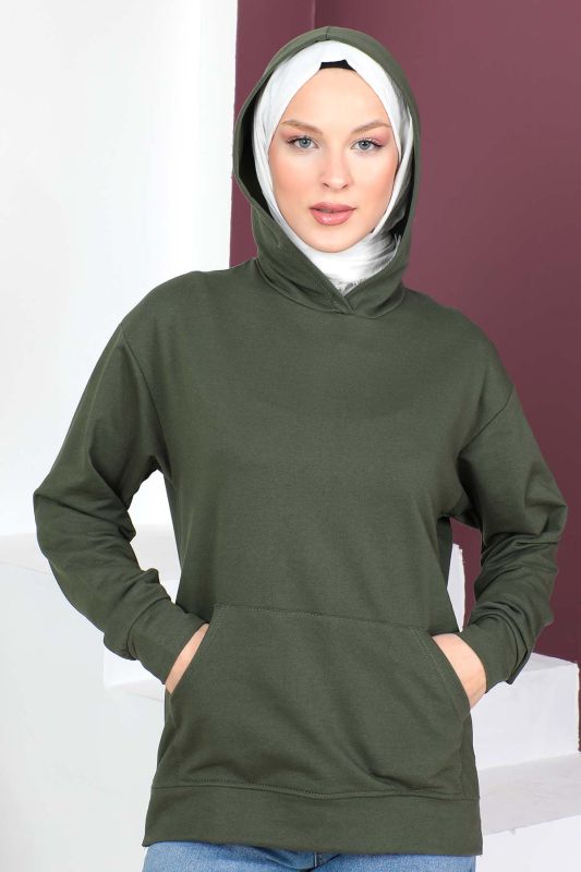 Kapşonlu Kısa Sweatshirt TSD230427 Haki - 3