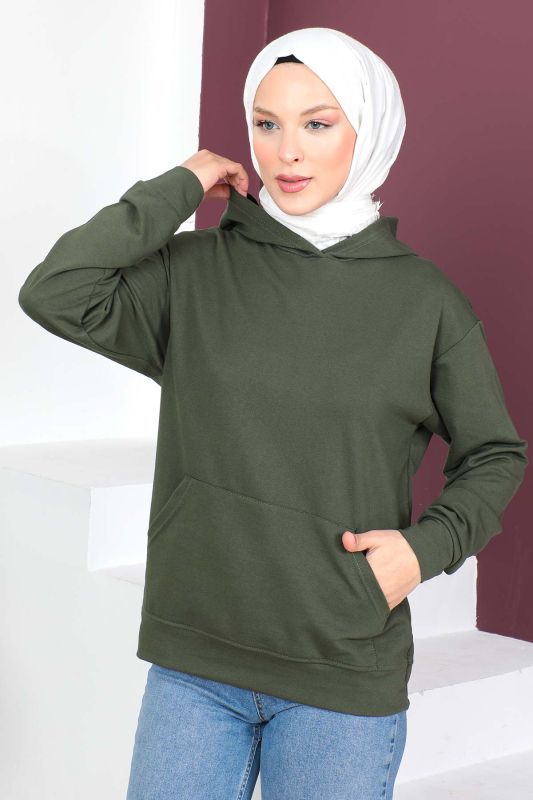 Kapşonlu Kısa Sweatshirt TSD230427 Haki - 4