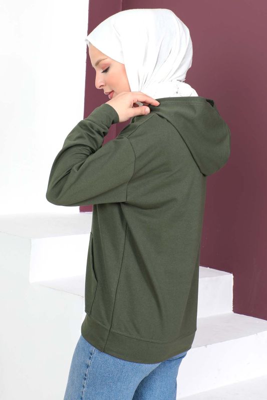 Kapşonlu Kısa Sweatshirt TSD230427 Haki - 5