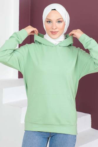 Kapşonlu Kısa Sweatshirt TSD230427 Mint Yeşili - 1