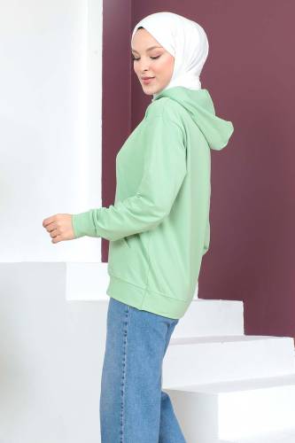 Kapşonlu Kısa Sweatshirt TSD230427 Mint Yeşili - 3