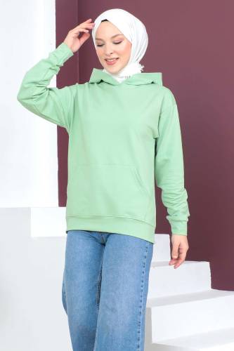 Kapşonlu Kısa Sweatshirt TSD230427 Mint Yeşili - 4