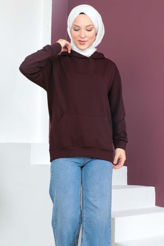 Kapşonlu Kısa Sweatshirt TSD230427 Mürdüm - 2