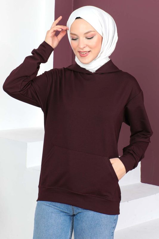 Kapşonlu Kısa Sweatshirt TSD230427 Mürdüm - 3