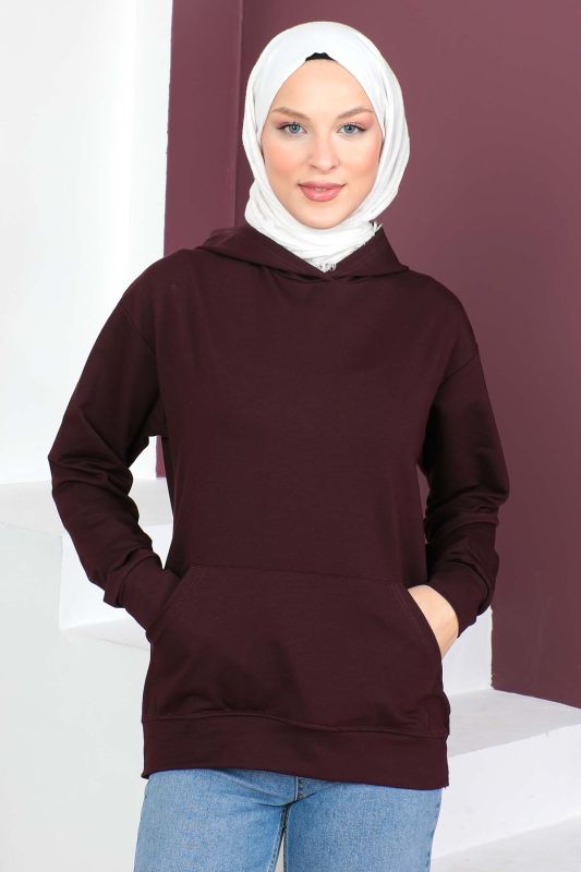 Kapşonlu Kısa Sweatshirt TSD230427 Mürdüm - 1