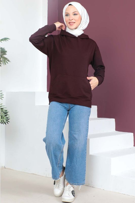 Kapşonlu Kısa Sweatshirt TSD230427 Mürdüm - 4